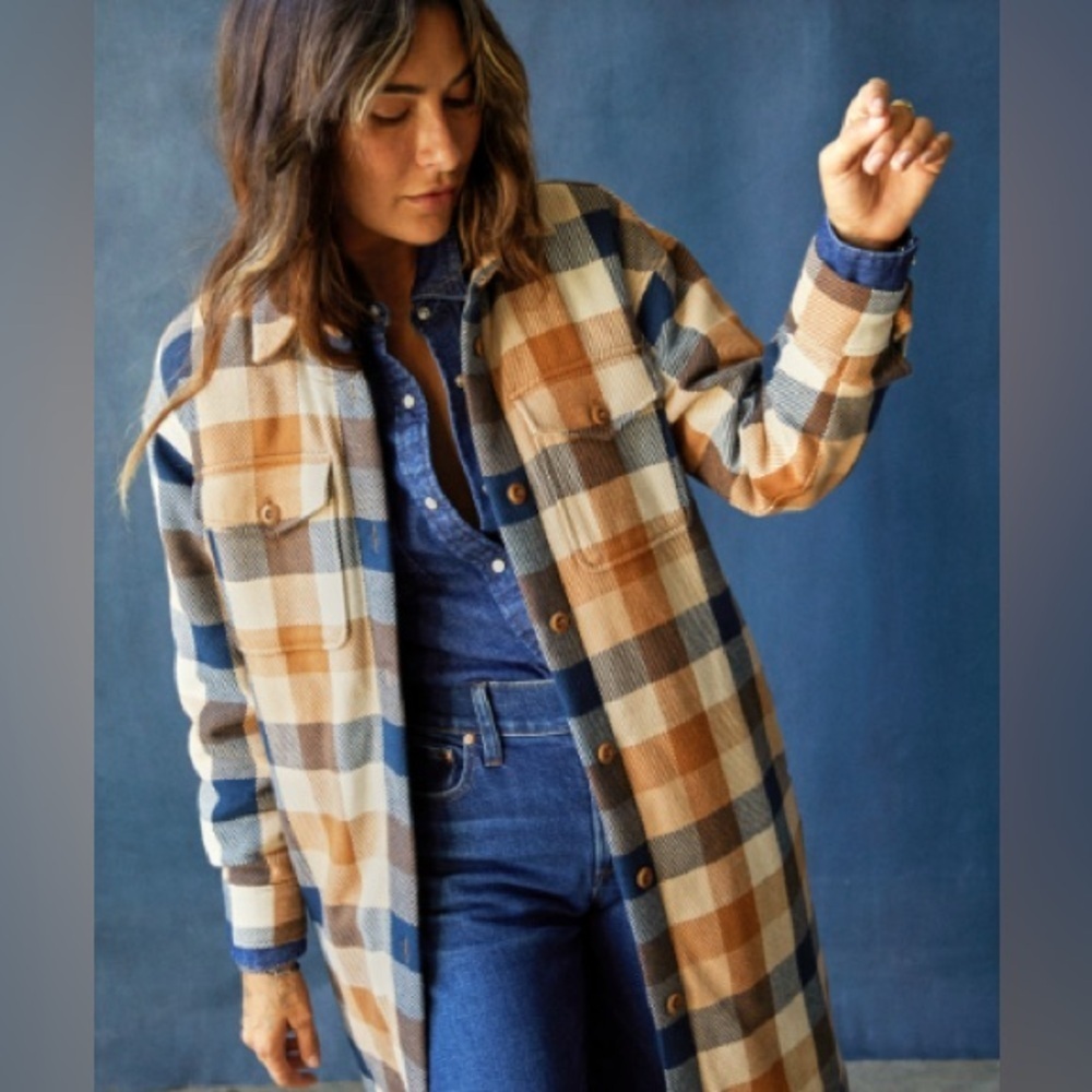 Outerknown Plaid Long Coat in Sahara Desert Plaid size Small - Picture 2 of 6